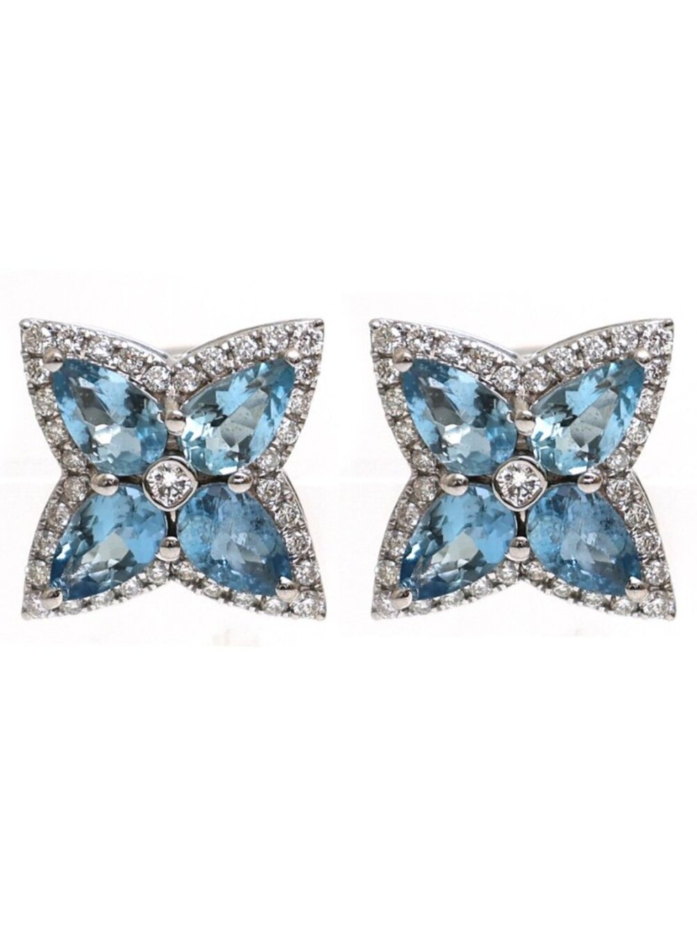 Aquamarine Floral 18K Natural Diamond White Gold Stud Earrings
